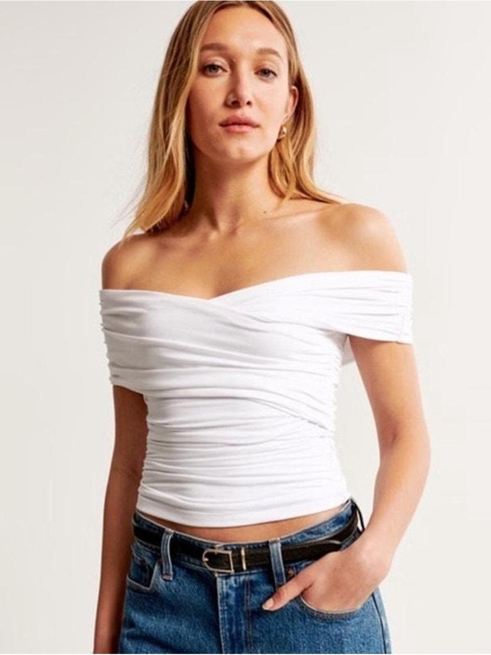 Abercrombie & Fitch White Off-Shoulder Ruched Crop Top